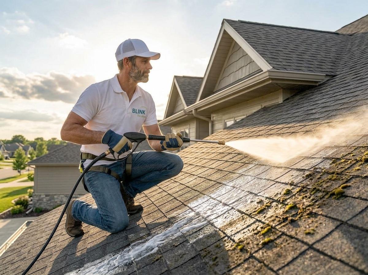 A Blink technician on a shingle roof spraying Blink Protect across a mossy section