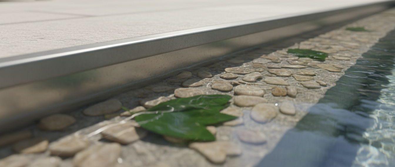 Close-up view of a clean gutter with water flowing through