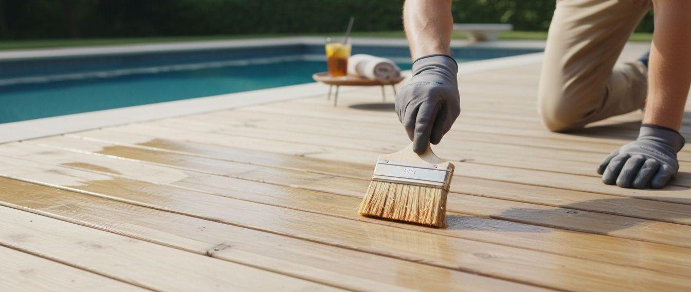 Close-up view of a homeowner sealing a wooden deck with a brush