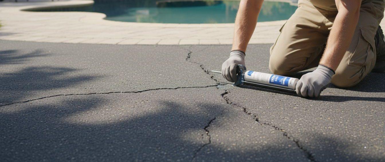 Close-up view of a homeowner sealing cracks on a driveway
