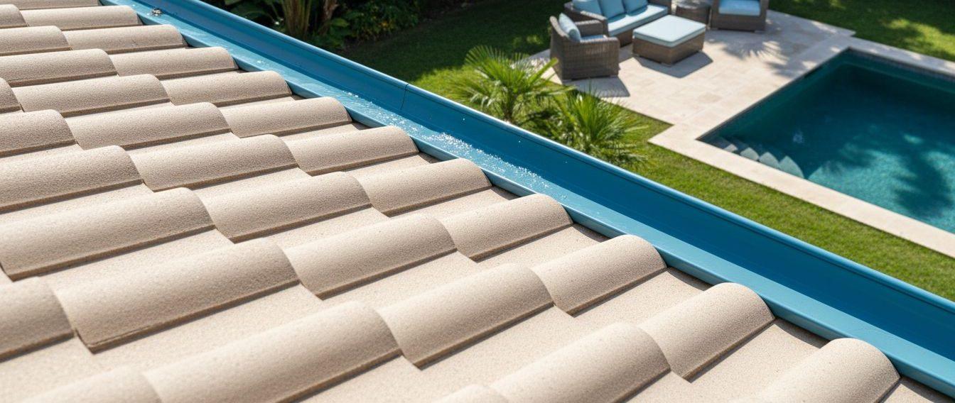 High angle view of a clean roof with clear gutters and no debris
