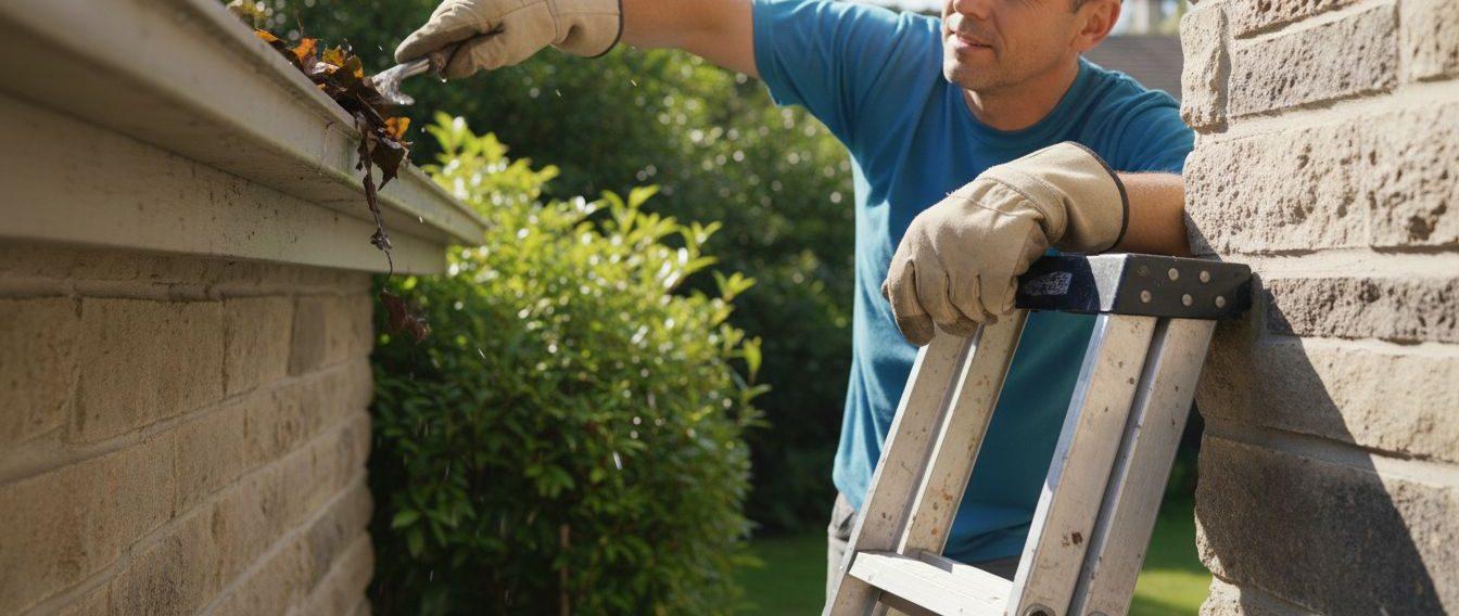 Close-up view of a homeowner cleaning gutters with a ladder and gloves