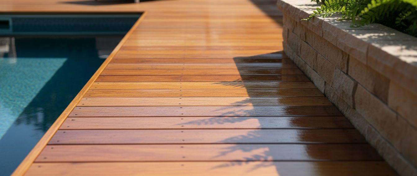 Close-up view of a well-maintained wooden deck with fresh sealant