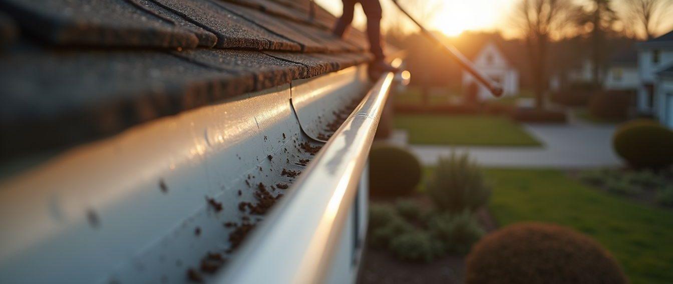 Close-up view of a technician cleaning gutters on a residential home