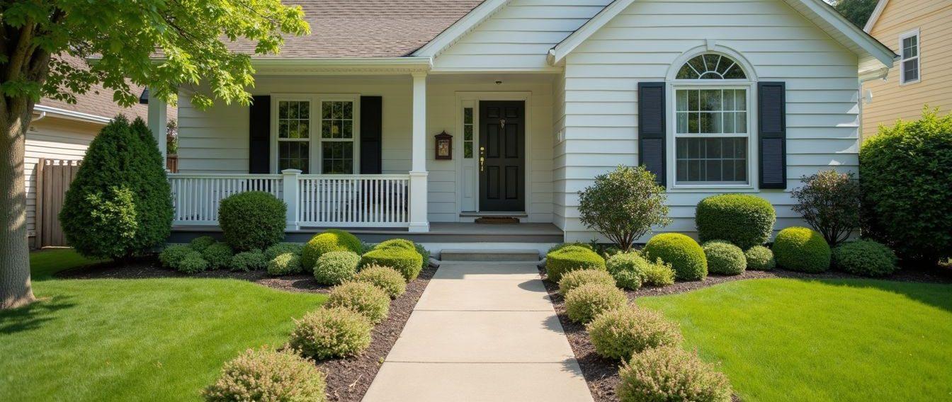 High angle view of a clean and well-maintained home exterior with fresh paint and landscaping