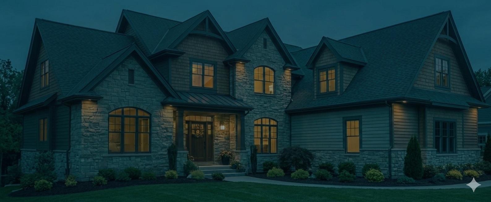 Kansas City home exterior at night showcasing professional outdoor home maintenance