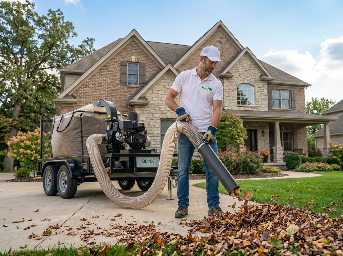 Blink technician clearing fall leaves with a leaf vacuum