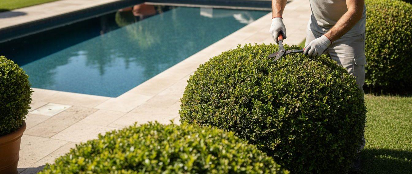 Close-up view of a technician trimming bushes in a residential garden