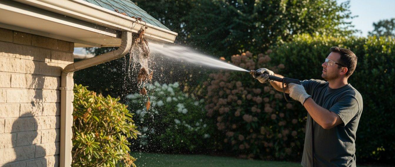 Close-up view of a professional cleaning a house gutter
