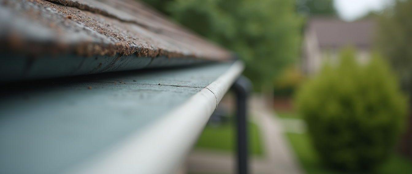 Close-up view of clean gutters on a suburban home