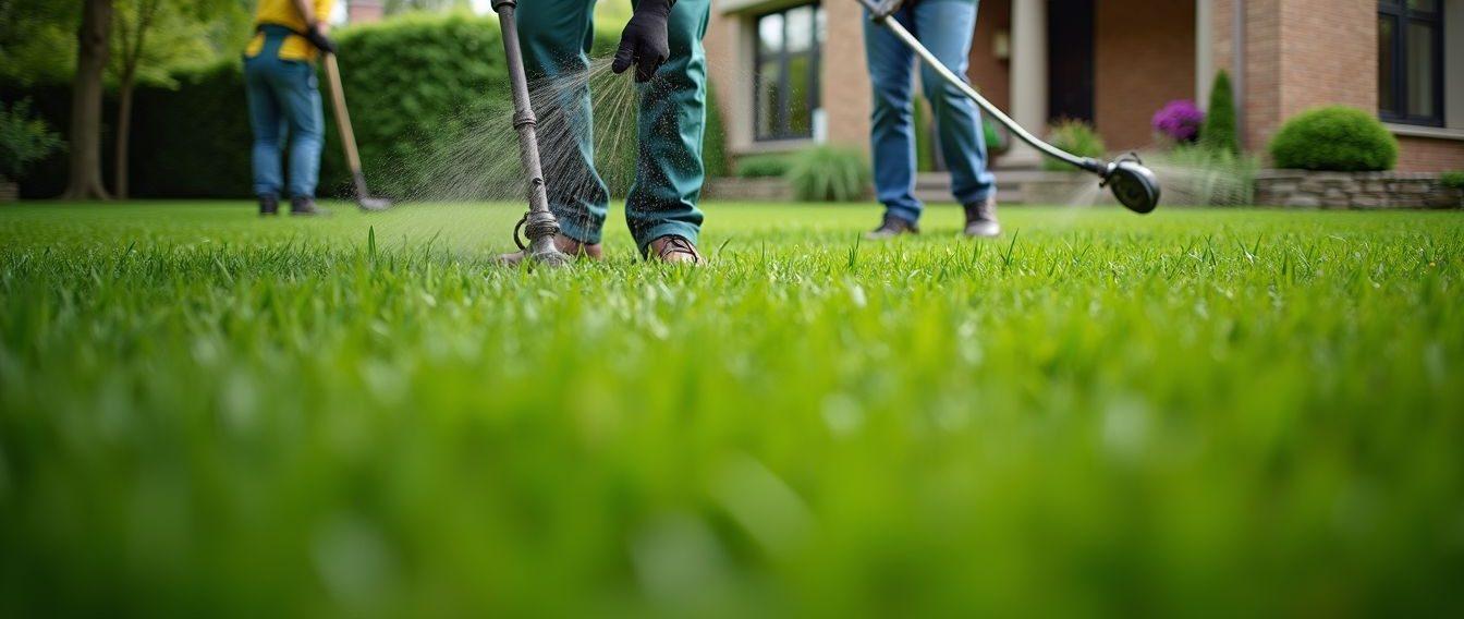 High angle view of a professional lawn care team working in a residential yard