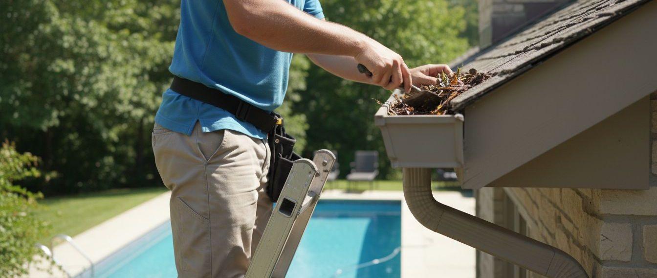 Close-up view of a worker cleaning gutters on a sunny day