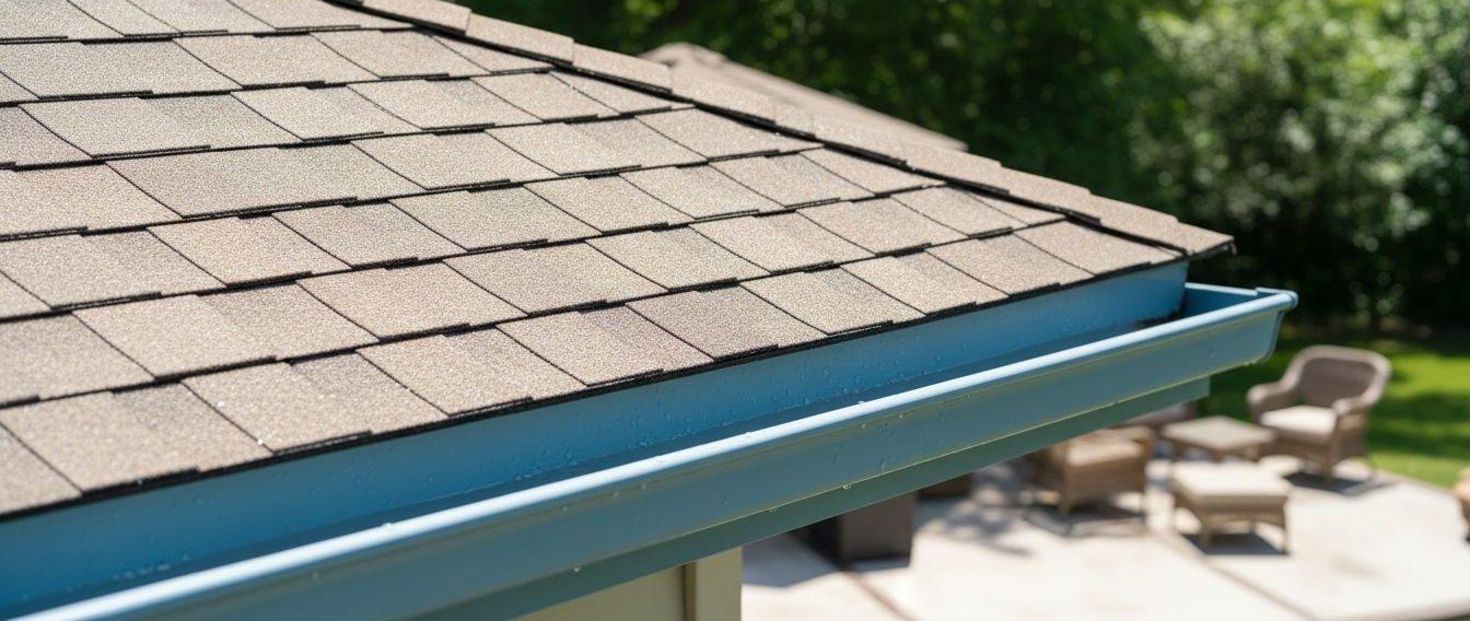 Close-up view of clean gutters and roof shingles