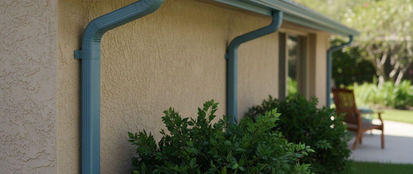 Close-up view of clean gutters and downspouts on a house