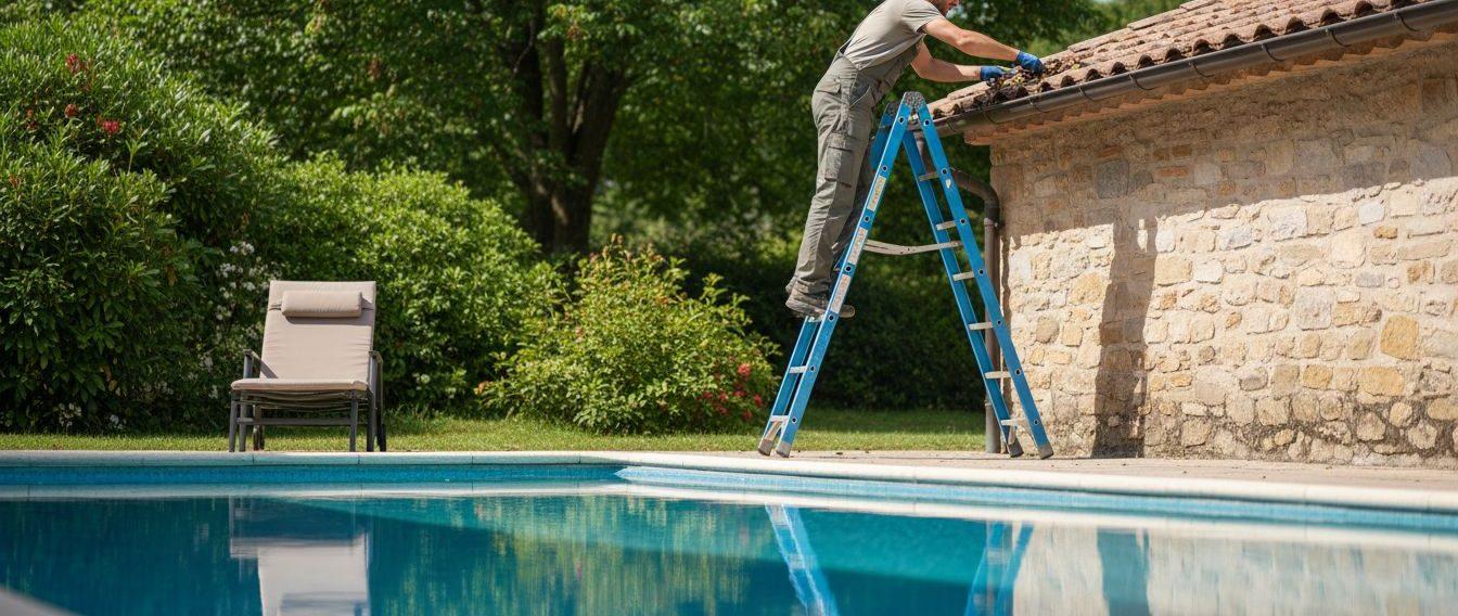 Close-up view of a homeowner using a ladder to clean gutters