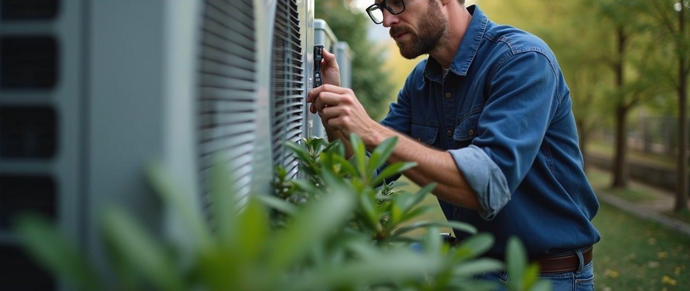 Eye-level view of a technician inspecting an outdoor AC unit