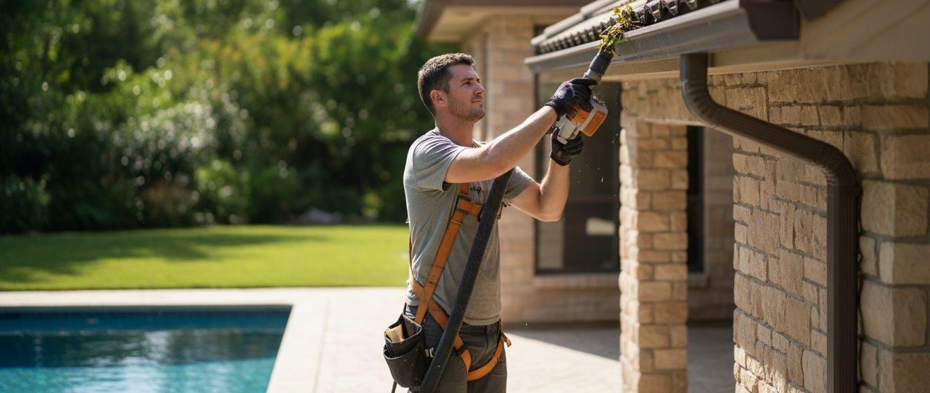 Close-up view of a worker cleaning gutters on a residential home