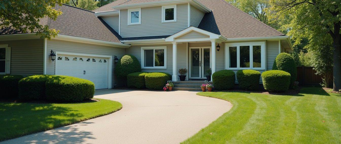 Wide angle view of a house exterior with clean siding, trimmed bushes, and a clear driveway