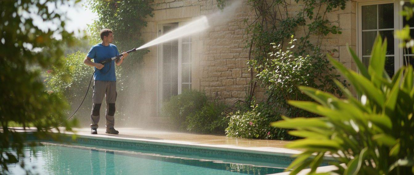 Close-up view of a technician power washing a house exterior