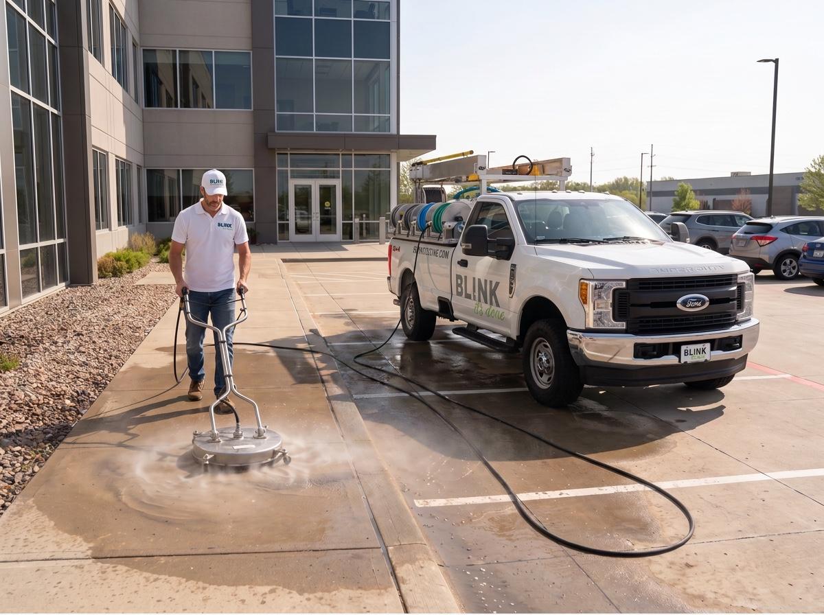 Blink technician power washing a commercial parking lot with a rotary disc surface cleaner