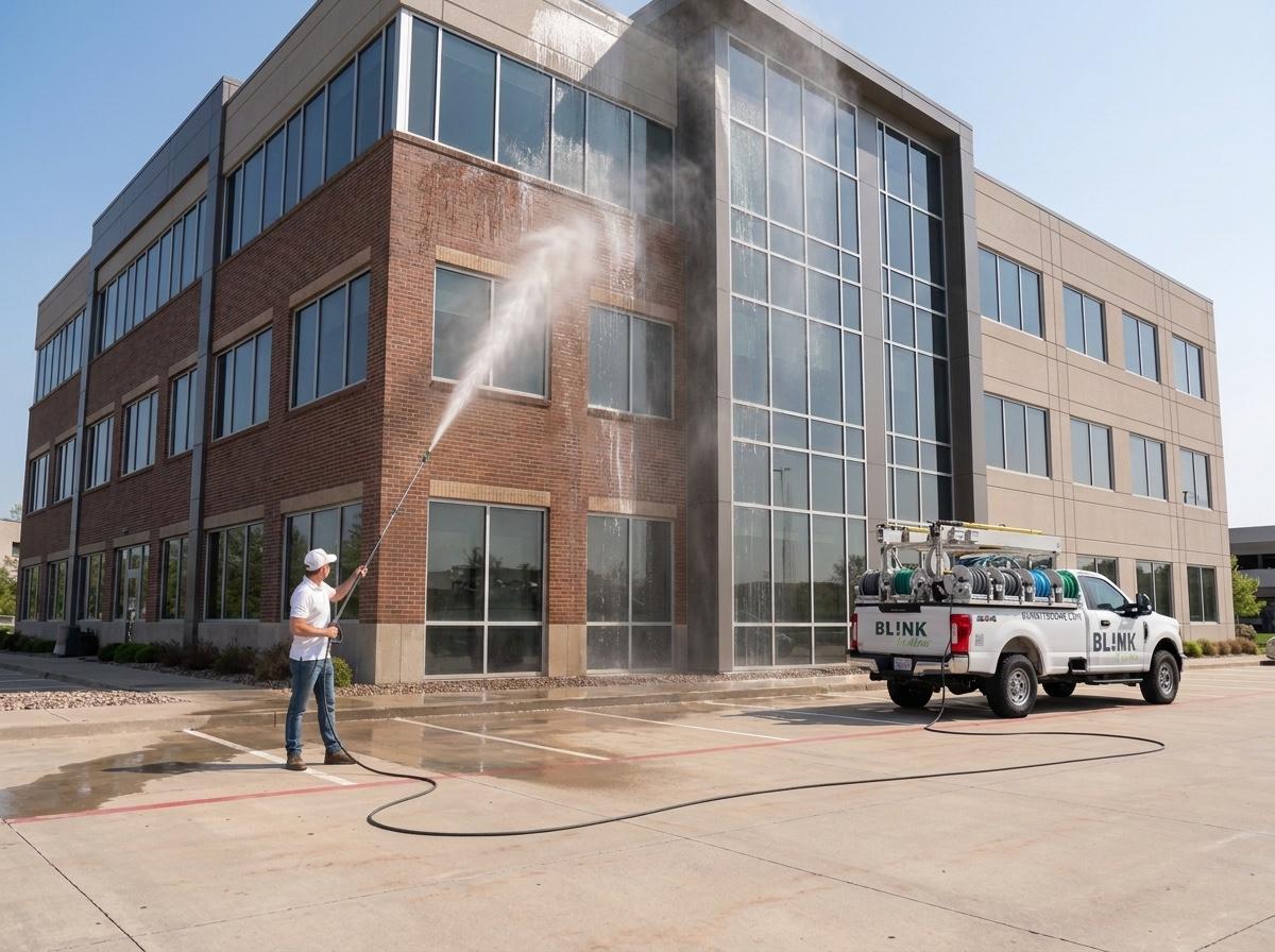 Blink technician soft washing the exterior of a commercial office building