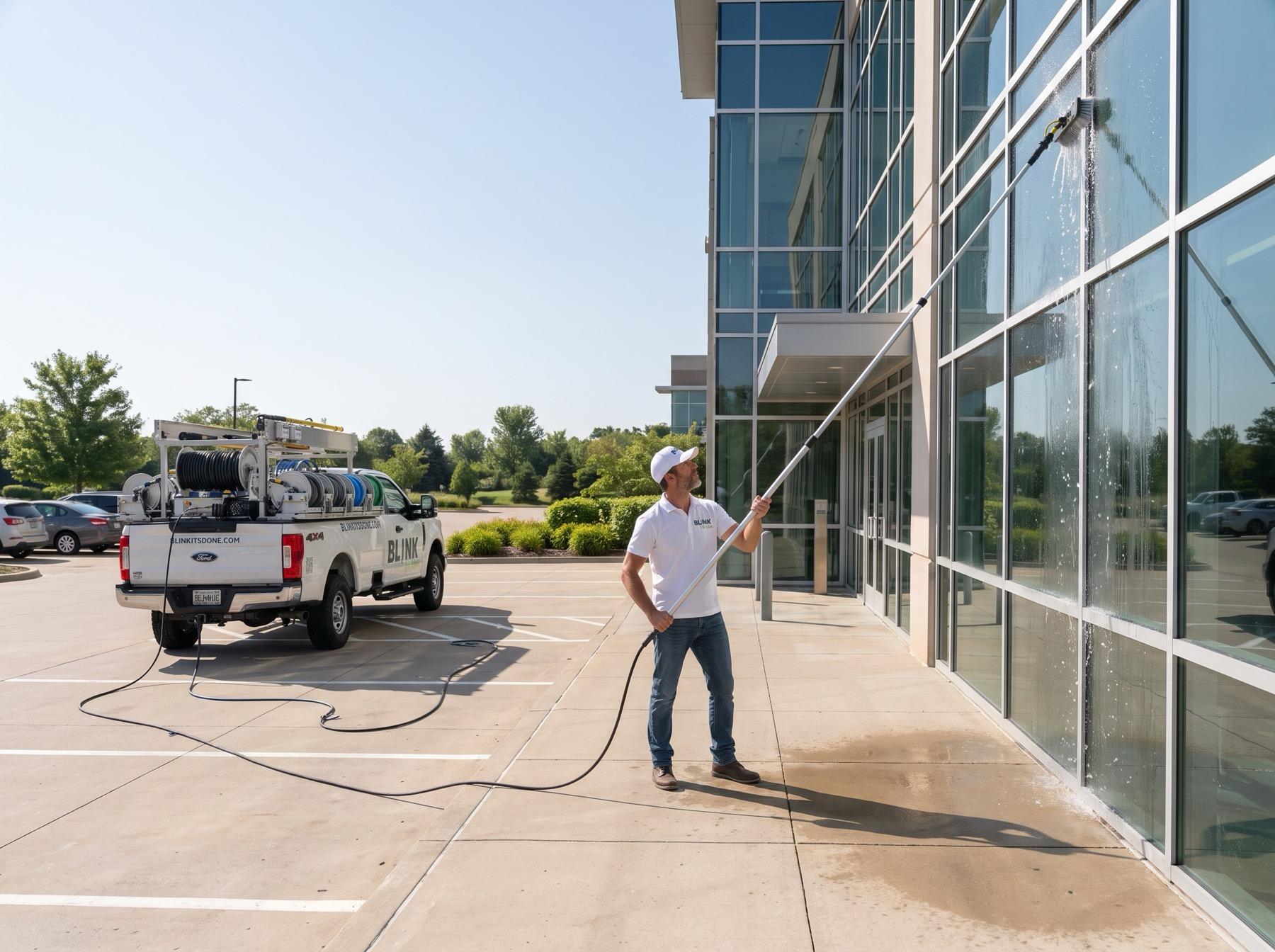 Blink technician washing windows on a commercial office building